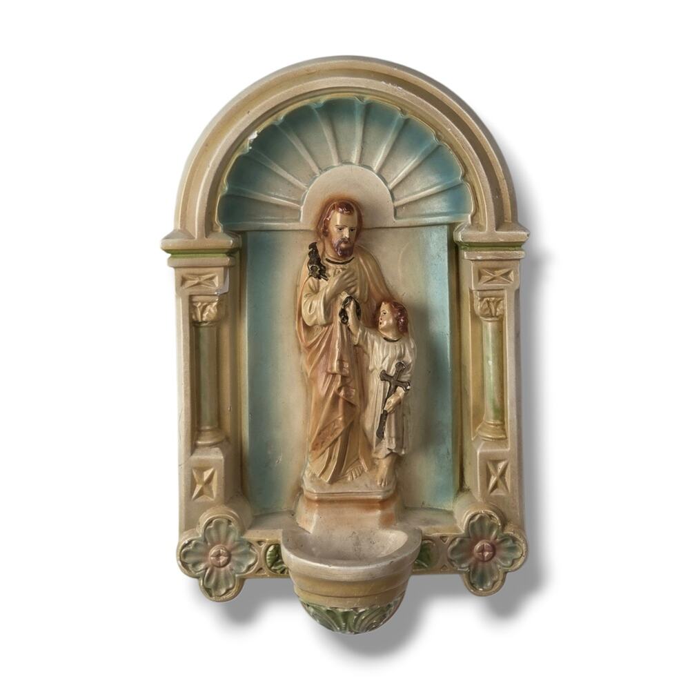 Vintage St Joseph Catholic Holy Water Jesus Christ Communion Font Wall Hanging